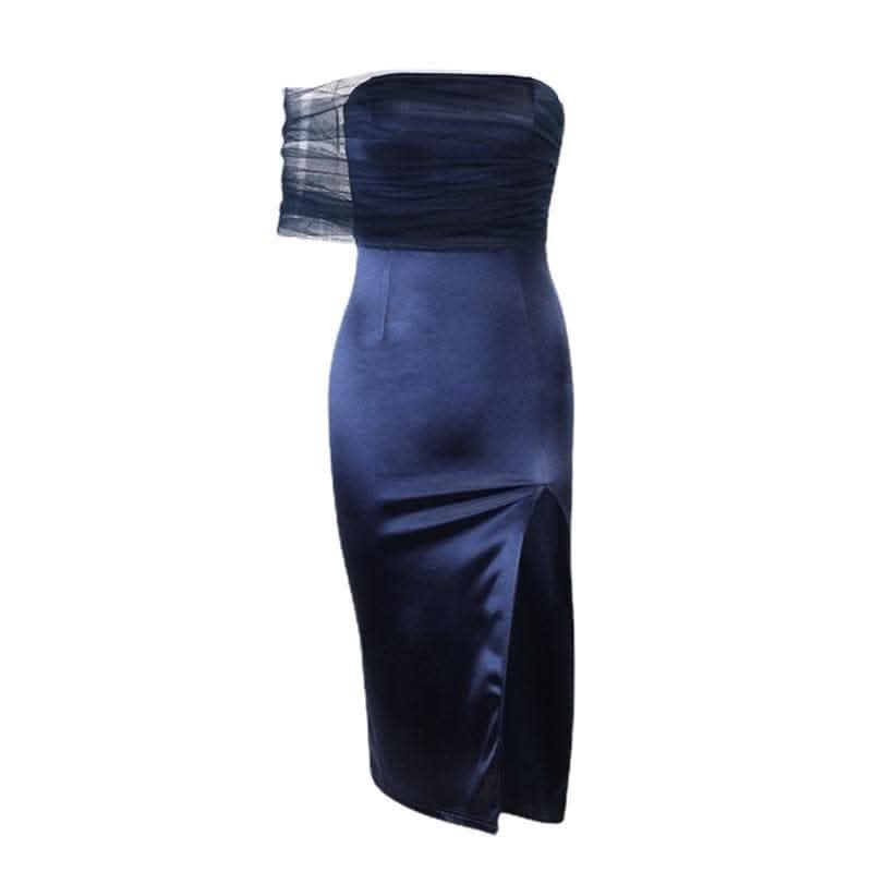 One shoulder irregular mesh ruched slit midi dress-final-sale