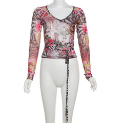 V neck long sleeve sheer mesh self tie print top