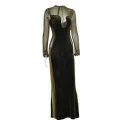 Long sleeve velvet mesh solid zip-up maxi dress-final-sale