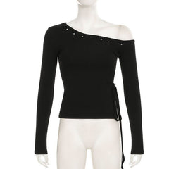 Long sleeve one shoulder slit self tie top