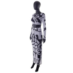 Sheer mesh see through long sleeve stitch contrast maxi skirt set-final-sale