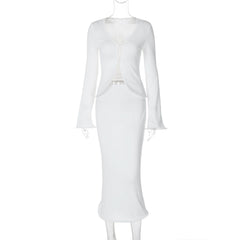 Long flared sleeve v neck button solid midi skirt set