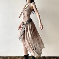 Sleeveless cowl neck print irregular ruched midi dress