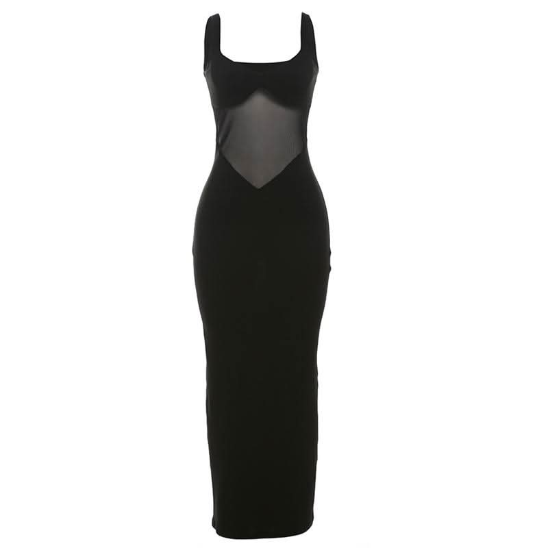 V neck mesh patchwork low cut solid maxi dress