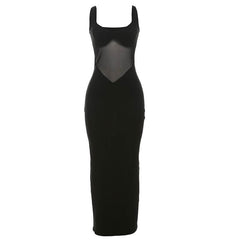 V neck mesh patchwork low cut solid maxi dress