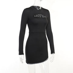 Long sleeve solid beaded sexy girl pattern mini dress-final-sale