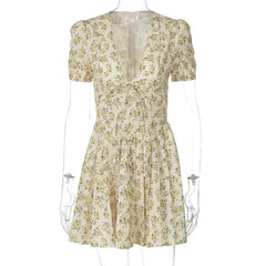 Short puff sleeve pleated zip-up flower print mini dress