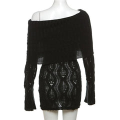 Crochet off shoulder long sleeve hollow out cut out mini dress