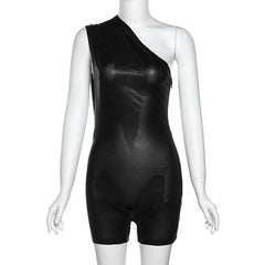 Irregular one shoulder metallic solid zip-up romper-final-sale