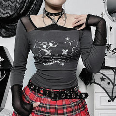 Long sleeve halter cat pattern mesh patchwork stitch top