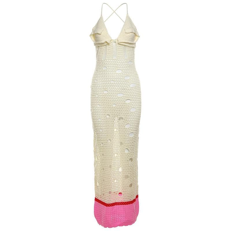 V neck knitted hollow out lace up cut out maxi dress-final-sale