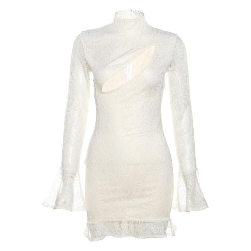 Lace solid long flared sleeve hollow out high neck ruffle mini dress-final-sale