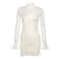 Lace solid long flared sleeve hollow out high neck ruffle mini dress-final-sale