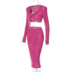 Textured button long sleeve gloves midi skirt set-final-sale