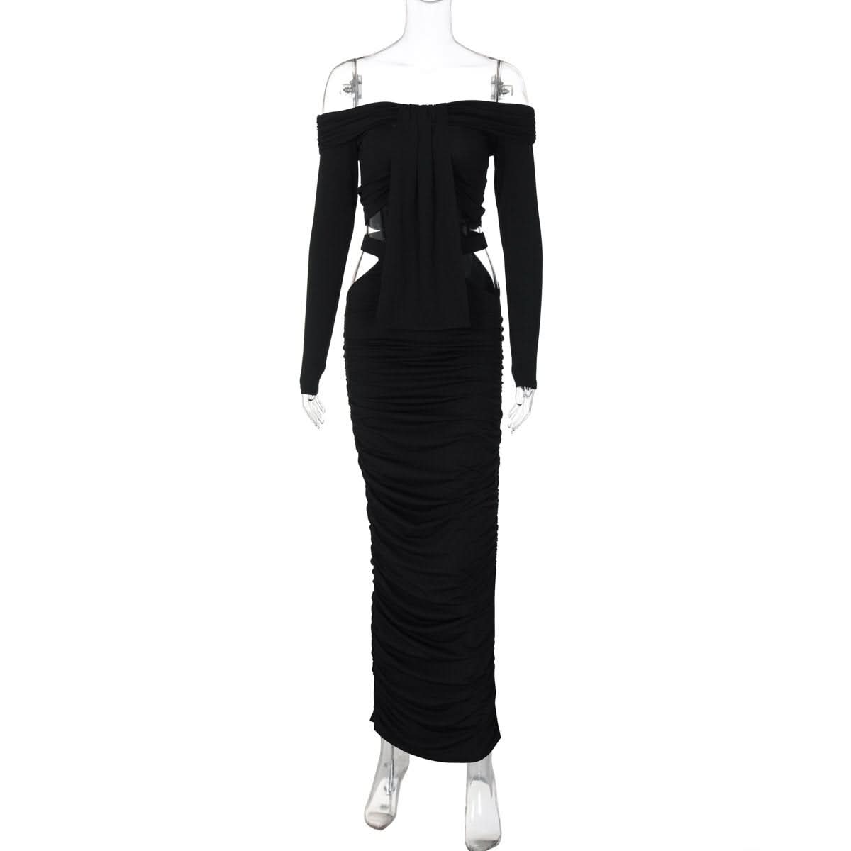 Off shoulder long sleeve hollow out cut out maxi dress