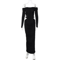 Off shoulder long sleeve hollow out cut out maxi dress