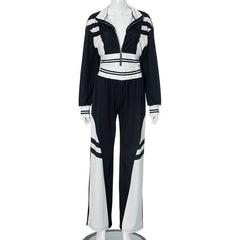 Turnover collar zip-up contrast sports pants set