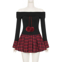 Off shoulder long sleeve plaid fluffy mini dress