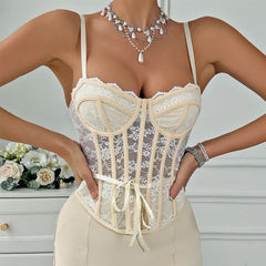 V neck lace corset ribbon backless cami top