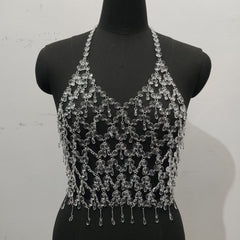 Metal chain plastic crystal halter backless top