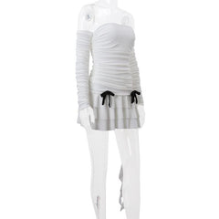 Long sleeve off shoulder ruched bowknot backless ruffle mini dress