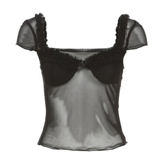 Ruffle v neck mesh patchwork solid cap sleeve backless top