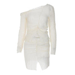 Textured off shoulder irregular long sleeve ruched slit mini skirt set-final-sale