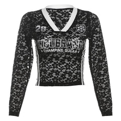 V neck long sleeve lace letter print see through top