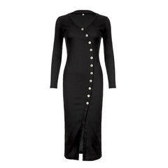 Long sleeve button high slit v neck irregular midi dress-final-sale