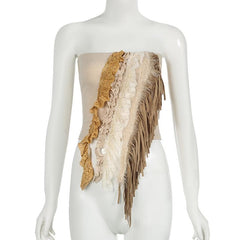 Lace hem backless tassels ruffle tube top
