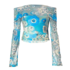 Flower print contrast off shoulder long sleeve mesh top-final-sale