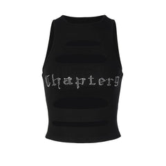 Sleeveless crewneck hollow out beaded contrast crop cut out top