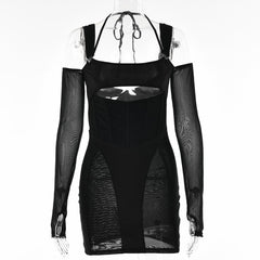 Gloves mesh corset off shoulder hollow out long sleeve halter cut out mini dress