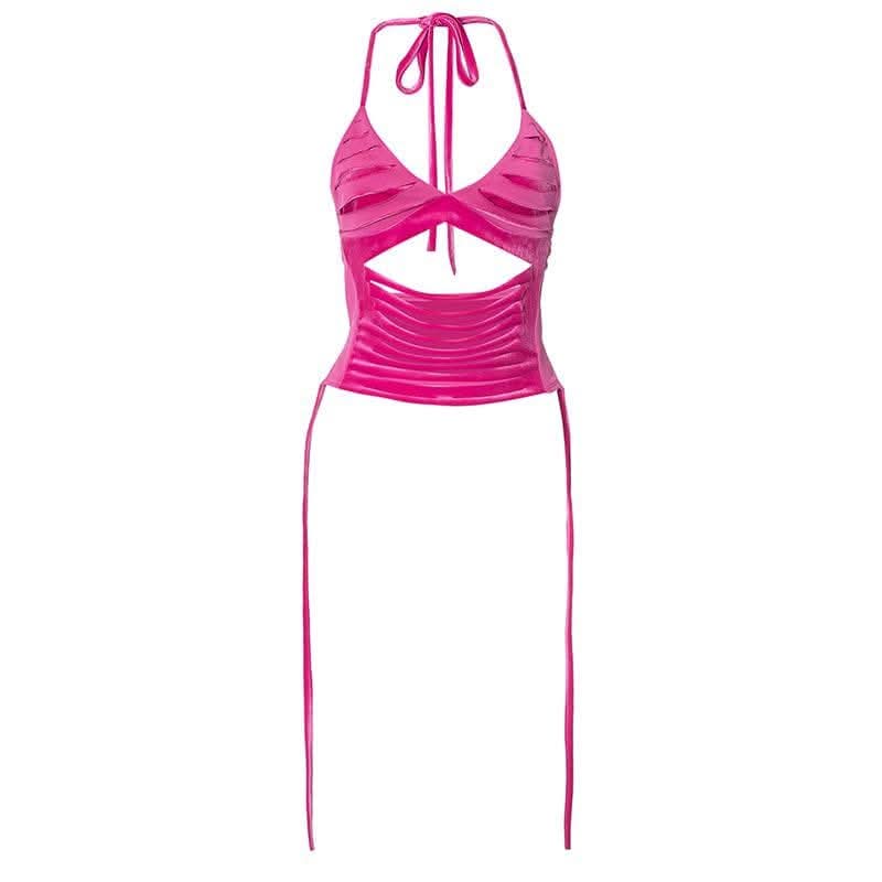 Hollow out self tie halter backless v neck crop top-final-sale