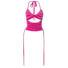 Hollow out self tie halter backless v neck crop top-final-sale