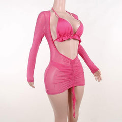 Mesh drawstring ruched long sleeve halter ruffle mini dress-final-sale
