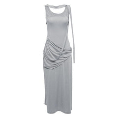 Ruched solid sleeveless u neck irregular midi dress-final-sale