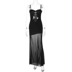 Hollow out mesh ruffle ruched cami cut out maxi dress