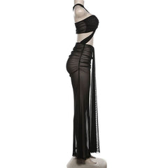 One shoulder mesh hollow out cut out maxi dress