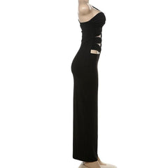 One shoulder hollow out metal applique cut out maxi dress-final-sale