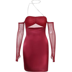 Mesh gloves solid halter ruched hollow out off shoulder cut out mini dress-final-sale
