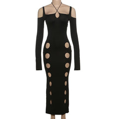 Hollow out long sleeve halter cross front self tie cut out maxi dress