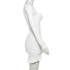 Long sleeve u neck ruched ruffle mini skirt set