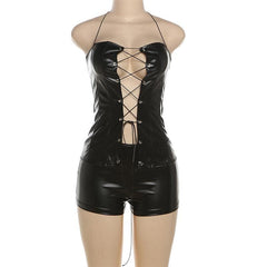 Lace up PU leather halter self tie metallic pant set
