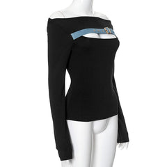Long sleeve off shoulder buckle hollow out contrast cut out top