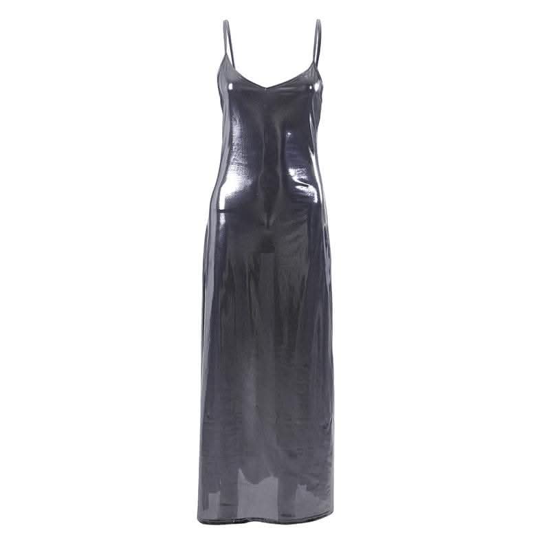 Metallic v neck backless solid low cut cami maxi dress-final-sale