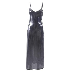 Metallic v neck backless solid low cut cami maxi dress-final-sale