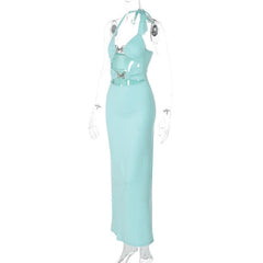 Halter metal butterfly hollow out cut out maxi dress