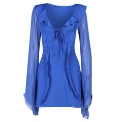 Ruffle long flared sleeve self tie chiffon solid mini dress-final-sale