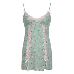 Lace hem bowknot print mesh slit cami mini dress